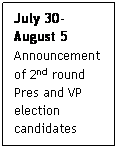 Text Box: July 30-August 5
Announcement of 2nd round Pres and VP election candidates
